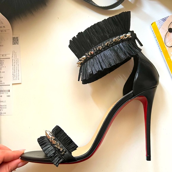 Christian Louboutin Shoes - Christian Louboutin Black Poupedou Snake-print Raffia Stiletto Sandals